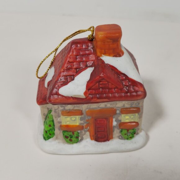 Vintage Ceramic Christmas Cottage With Bells Ornament Set - Picture 2 of 16